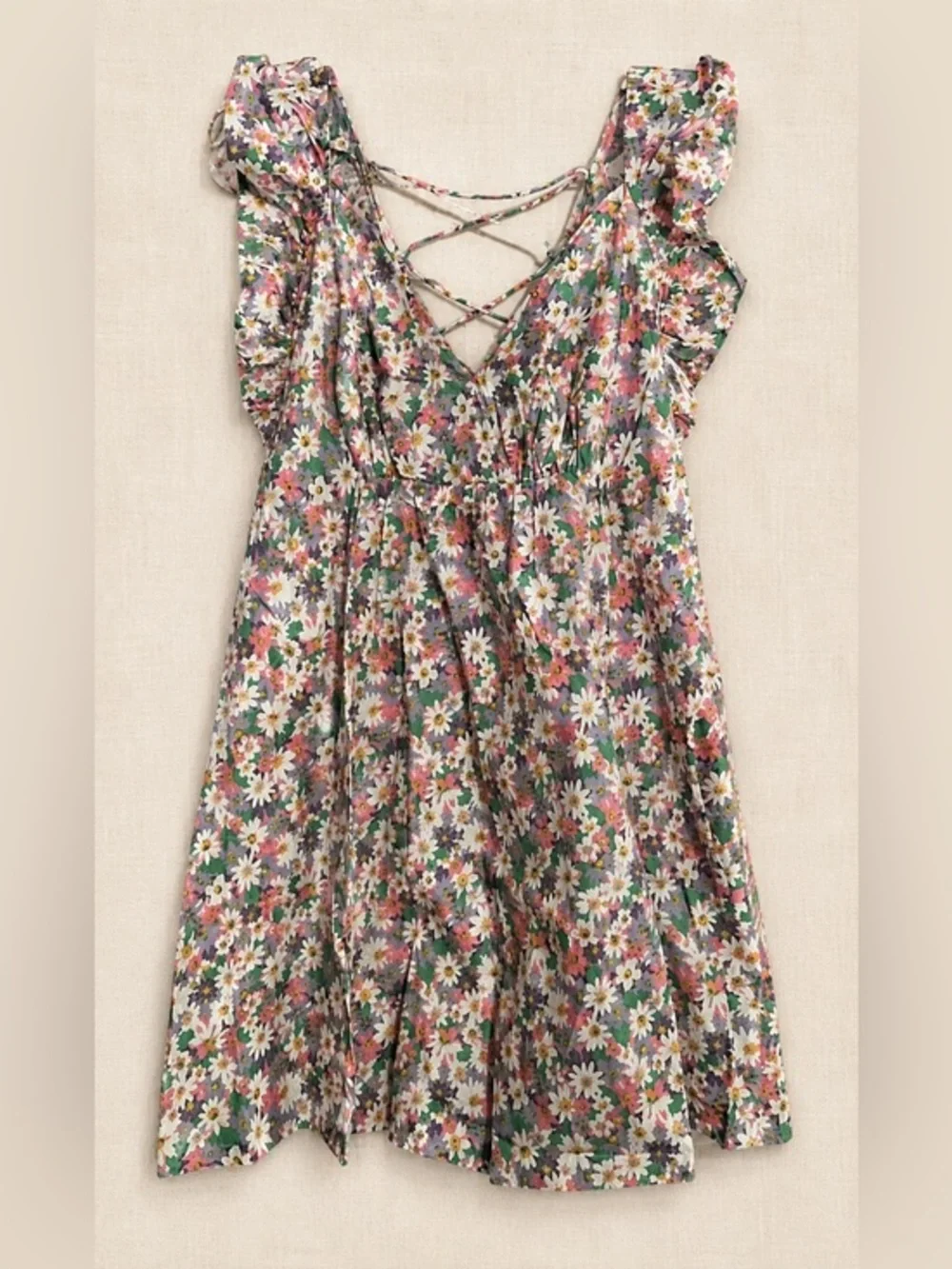 Retro Pink Summer Daisy Print Sundress-Ruffle Straps Babydoll Dress NWT L #2342